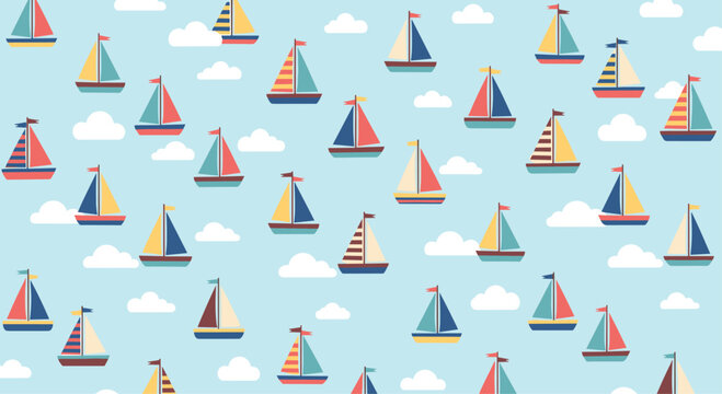 A cute seamless pattern for kids featuring colorful cartoon sailboats floating among white clouds on a light blue sky background.