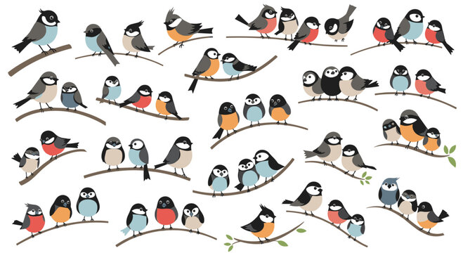 A large and charming collection of various colorful cartoon birds, including tits and bullfinches, sitting on branches in groups.
