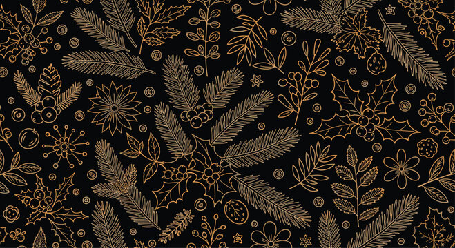 An elegant seamless Christmas pattern with golden outline drawings of holly, berries, and pine branches on a solid black background.
