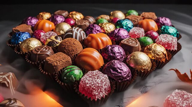 Heart Shaped Chocolate Box - A high angle shot shows a heart-shaped box filled with gourmet chocolates, each individually wrapped or decorated.