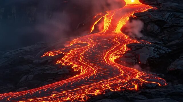 Molten lava flows through volcanic terrain at night, viewed from a distance with glowing molten streams