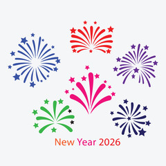 Colorful fireworks bursts vector illustration symbolizing new year 2026 celebration