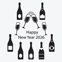 Happy new year 2026 celebration with champagne bottles and clinking glasses graphic
