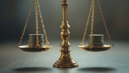 A brass scale with two stacks of coins on its balanced plates
