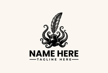 A stylized black octopus with a feather illustration logo on a beige background with space for a company name and tagline. © vectorvovdesign