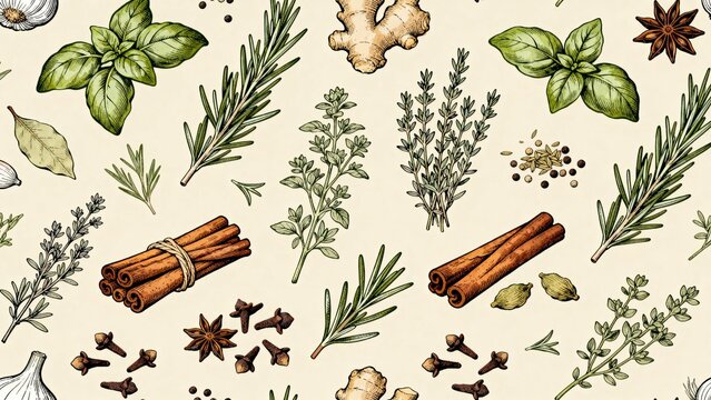 Spices and herbs pattern illustration