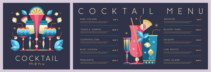 Retro holiday restaurant cocktail menu design on black background. Flat design. Vector illustration