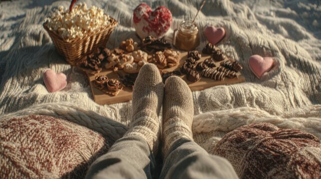 A close-up of a couple's feet intertwined on a cozy blanket, with a picnic spread and heart-shaped treats nearby, 8k, realistic, full ultra HD, high resolution, cinematic photography - Powered by Adobe