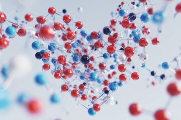 colorful molecular network forming heart, glossy red and blue atoms linked by fine filaments, shallow depth of field, cinematic soft light, futuristic biotech and healthtech aesthetic, data