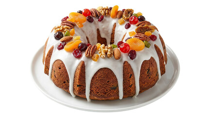 Delicious bundt cake topped with colorful fruits and icing on a white plate against a clean white background cutout