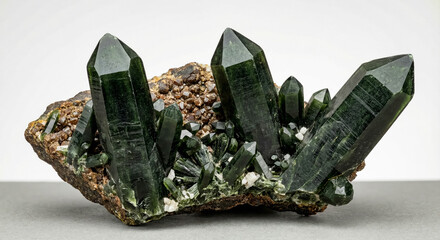 Cluster of dark green prasem quartz crystals with prismatic habit on brown skarn matrix base.