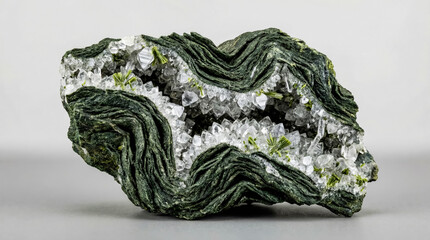 Pristine Alpine type albite crystals in foliated green schist.