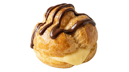 Delicious golden pastry topped with rich chocolate drizzles on a clean surface transparent background and plain white background