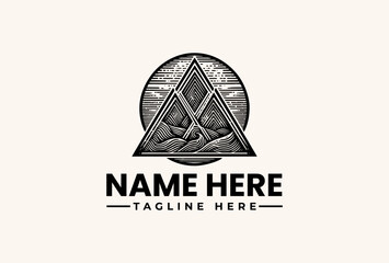 A grayscale illustration of a logo featuring a triangular design with a circle background and a placeholder text 'NAME HERE' and 'TAGLINE HERE' in a simple, iconic style against a clean