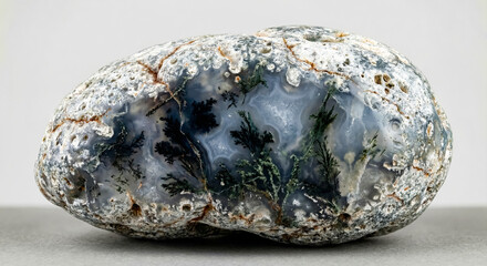 Moss agate specimen displaying dark green dendritic inclusions resembling plant-like structures in translucent chalcedony.