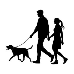 Couple walking dog silhouetteon a white backgrond