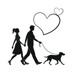 Couple walking dog with heart silhouette