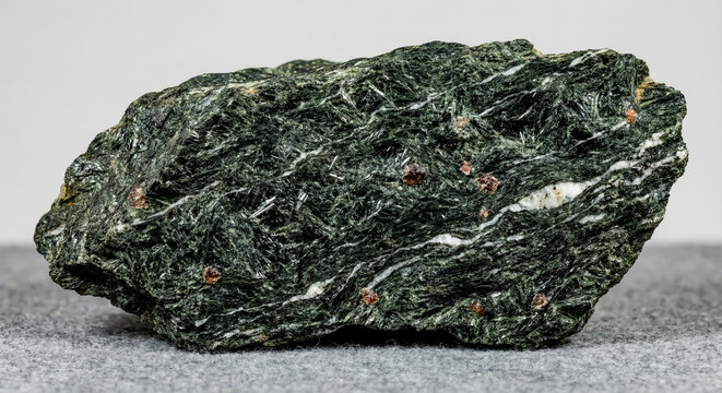 Massive hornblende amphibolite rock specimen consisting of a dense dark green amphibole mineral aggregate