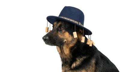 Dog wearing a blue hat with clothespins attached to it posing against a plain ready for compositing on white and transparent background