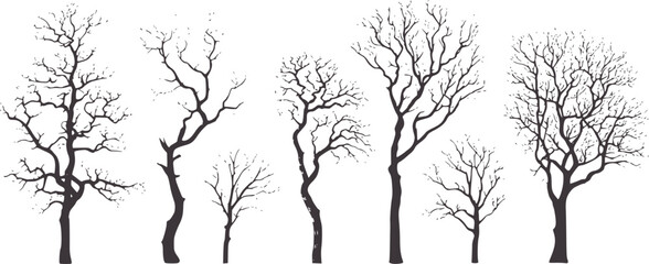 Six bare trees in monochrome line