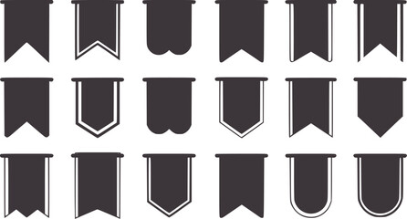 Sixteen black banner shapes in various styles