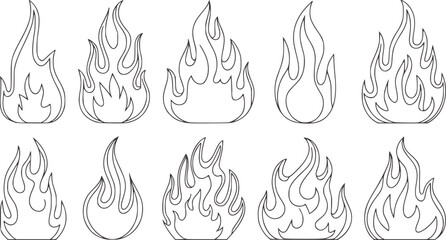 Ten hand drawn flame outlines in monochrome line style