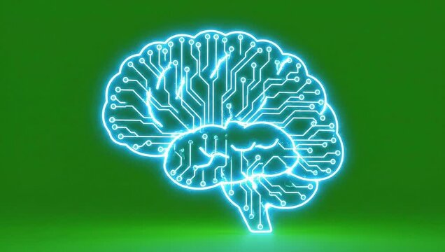 Animated blue circuit brain emerging on green background, symbolizing artificial intelligence and technology development in a futuristic neon style with animation