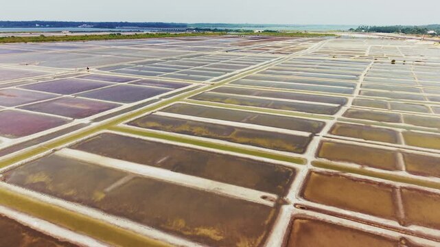 Aerial view of salt harvesting ponds over coastal India, crystal salt ponds.