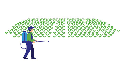 Farmer in protective gear methodically spraying a vast field of crops, ensuring pest control and promoting agricultural health.