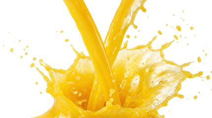 Yellow liquid splashing in dynamic motion creating an energetic visual effect against a bright high-key lighting with cutout object