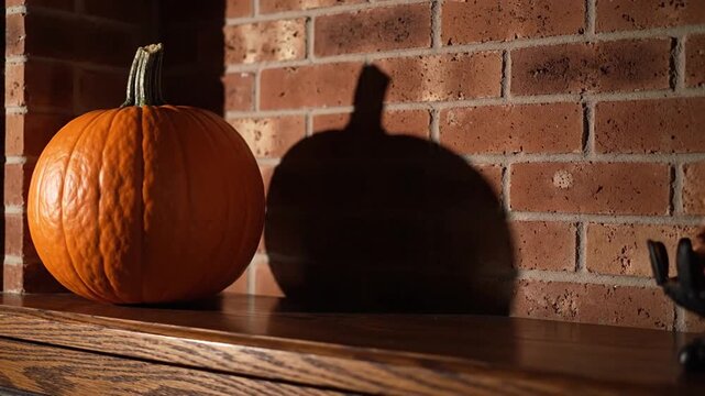 A single orange pumpkin sits on a wooden shelf casting a shadow.