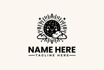 Fototapeta premium Black and white illustration of a logo with a smiling face, sun rays, and clouds on a beige background, with space for a name and tagline.