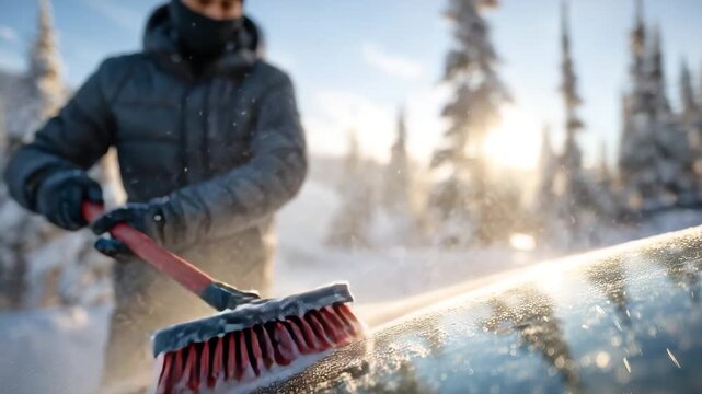 A bundled-up person scraping thick frost from a car windshield with a bright red scraper brush, icy crystals flying in the air, breath visible in the frigid morning light, snow-cov
