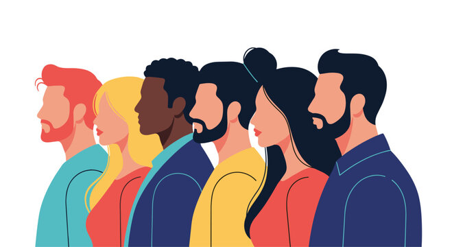 Side profile view of a diverse group of men and women of different ethnicities and races standing together in a line.