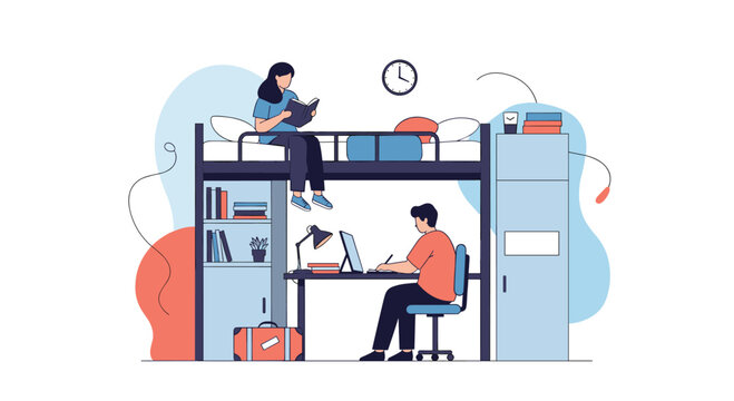University students studying in their college dorm room, with one reading on a bunk bed and the other working at a desk.