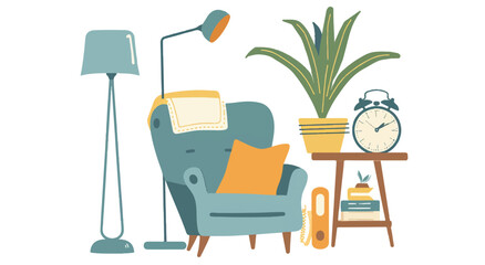 Fototapeta premium simple clip art depicting various home decor items a floor lamp, an armchair, a potted plant, a book on top, and an alarm clock on the sid_traced