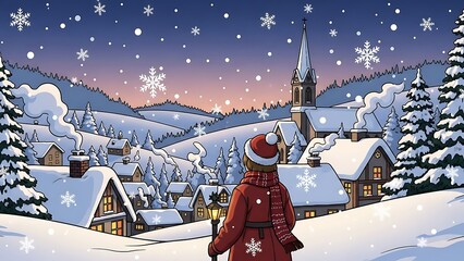 Winter village with falling snow