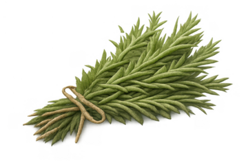 Rosemary herb sprig bundle tied with twine, green cooking ingredient illustration, transparent background