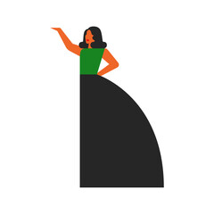 woman in green long, fluffy evening dress with raised hand. Silhouette of strong and confident female figure on white background. vector illustration