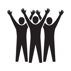 Silhouettes of people with arms raised in a celebratory gesture