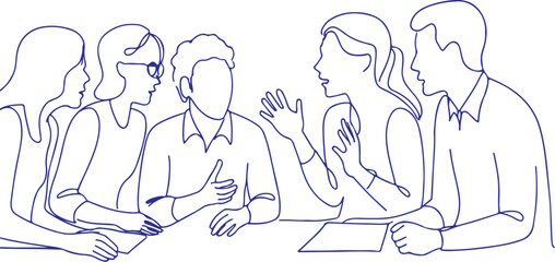Team Meeting Line Art Illustration, Business Discussion People Outline Drawing.