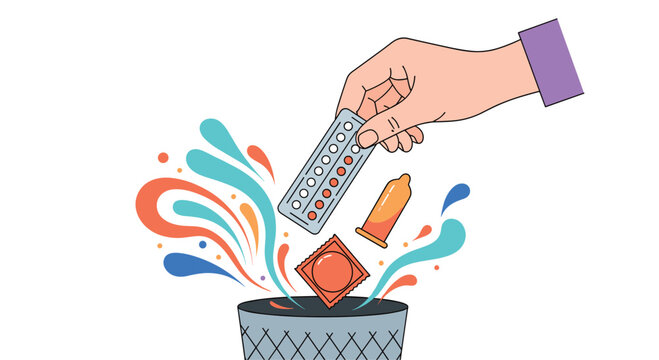 Hand discarding various forms of contraception like birth control pills and condoms, symbolizing a choice to start a family or change.