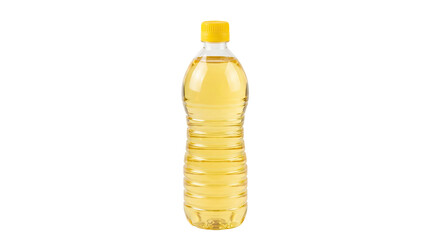 Transparent plastic bottle filled with yellow liquid and a yellow cap on a solid white background and no background
