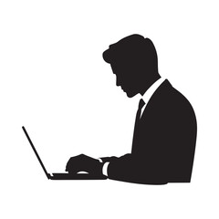 Silhouette of a businessman working on a laptop side view illustration