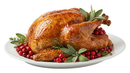 Roasted turkey garnished with fresh herbs and surrounded by red cranberries on a white serving platter alpha channel with white background