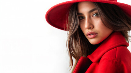 A beautiful woman in a bright red coat and a red hat stands on a white background.