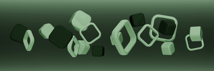 Abstract 3D render of floating sage green and black geometric rings