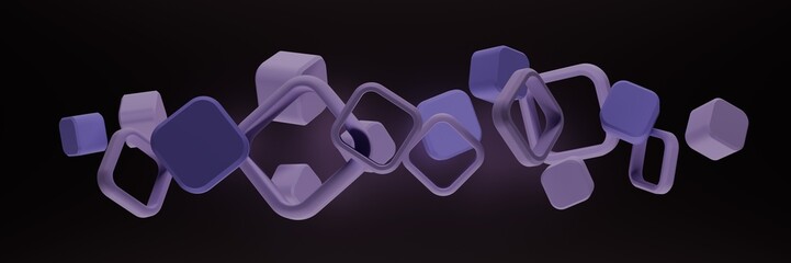 Abstract 3D render of floating purple and violet geometric rings