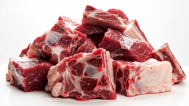 Fresh Raw Oxtail Pieces - A close-up shot shows a heap of raw oxtail pieces against a white background, exhibiting the marbled texture of the meat and bone structure.