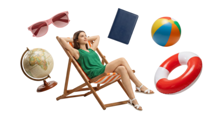 Woman Relaxing in Beach Chair Surrounded by Travel and Beach Items